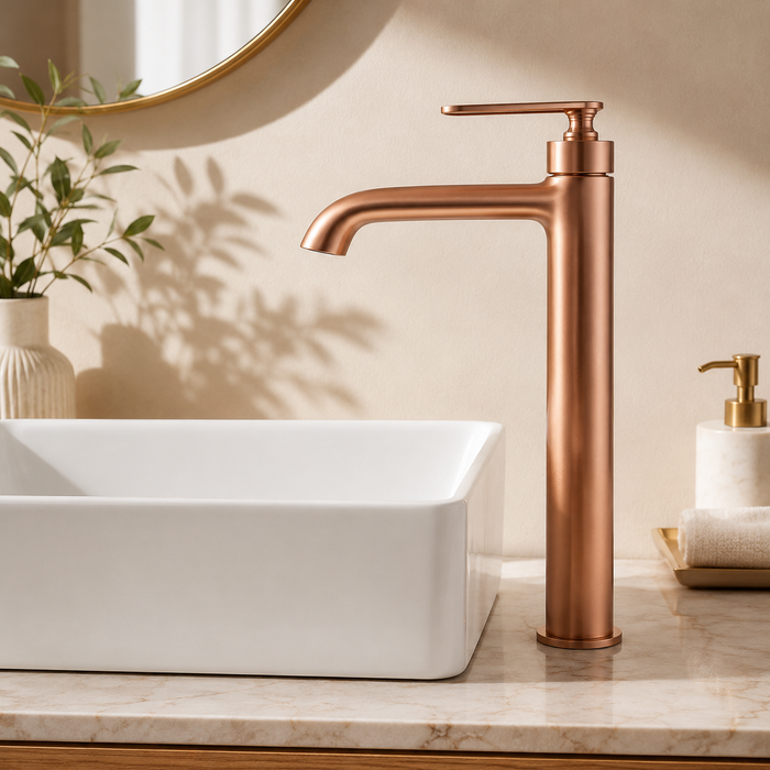 BASSINO Luxury Tall Basin Mixer Tap Modern Faucet | 5 Years Warranty Brushed Rose Gold