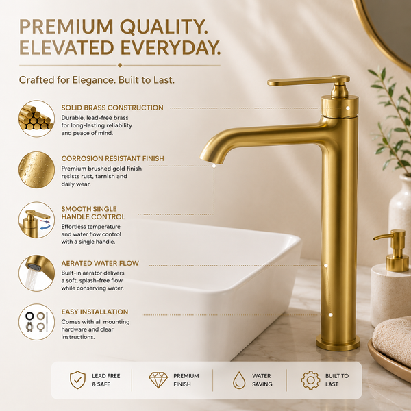 BASSINO Luxury Tall Basin Mixer Tap Modern Faucet | 5 Years Warranty | Brushed Gold