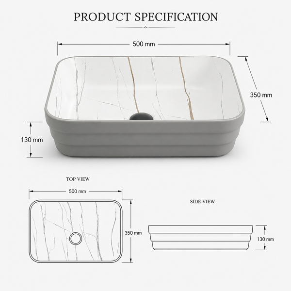Double Color Matt Marble Bathroom Sink Rectangular Countertop Wash Basin (20" × 14" × 5"IN) Grey