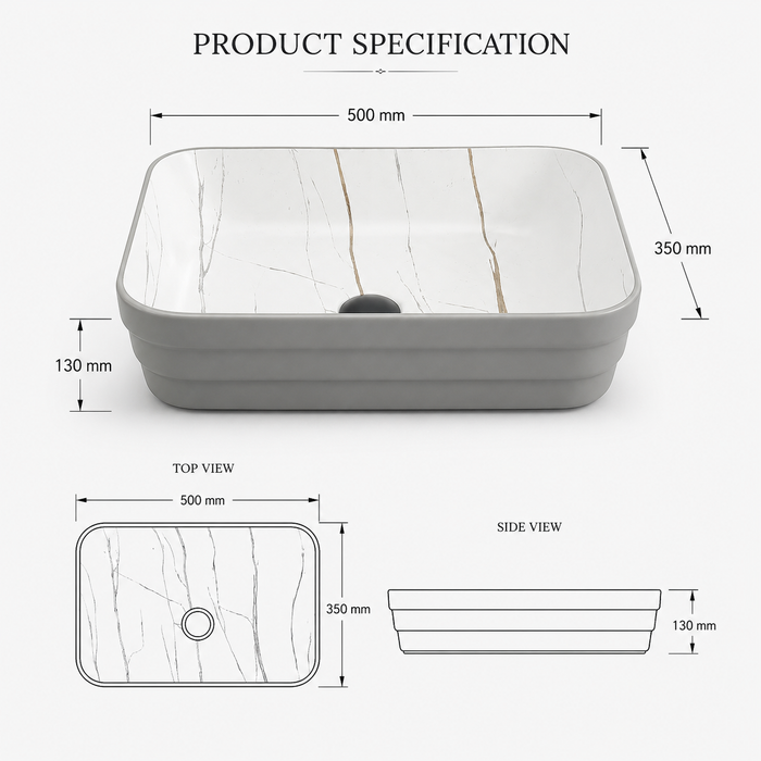 Double Color Matt Marble Bathroom Sink Rectangular Countertop Wash Basin (20" × 14" × 5"IN) Grey