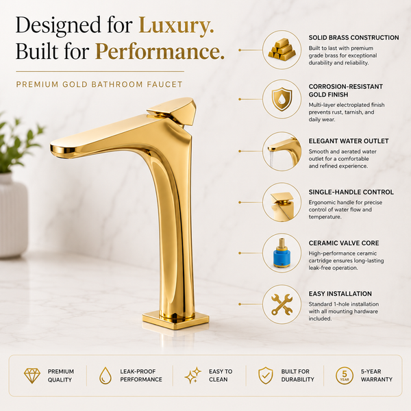 BASSINO DOLFIN long Body Ultra-Modern Basin Faucet | 3 Years Warranty Gold