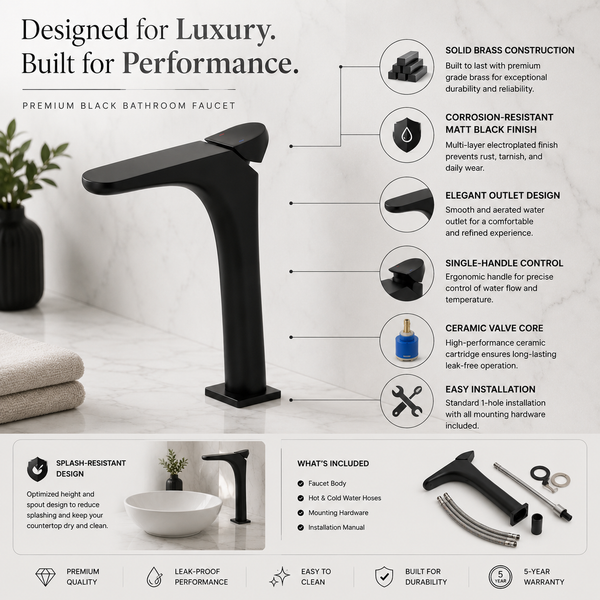 BASSINO DOLFIN Long Body Ultra-Modern Basin Faucet | 3 Years Warranty Black