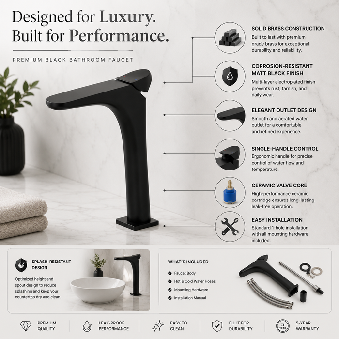 BASSINO DOLFIN Long Body Ultra-Modern Basin Faucet | 3 Years Warranty Black
