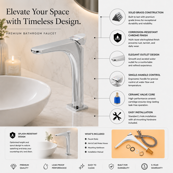 BASSINO DOLFIN long Body  Ultra-Modern Basin Faucet | 3 Years Warranty Chrome