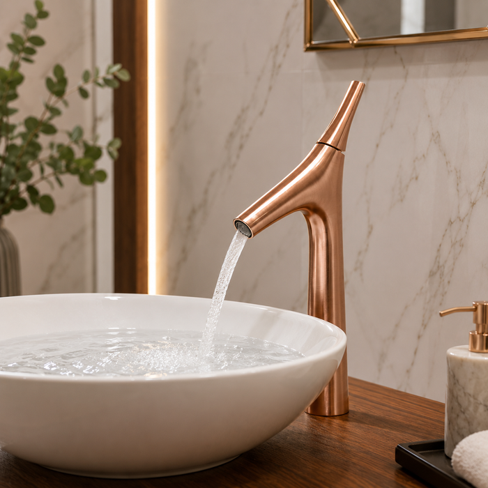 BASSINO Carlos Series Designer Basin Faucet – Single Cold Water Flow Rose gold Finish for Luxury Bathrooms