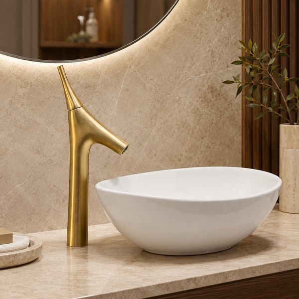 BASSINO Carlos Series Designer Basin Faucet – Single Cold Water Flow Brushed Gold Finish for Luxury Bathrooms