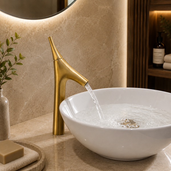 BASSINO Carlos Series Designer Basin Faucet – Single Cold Water Flow Brushed Gold Finish for Luxury Bathrooms