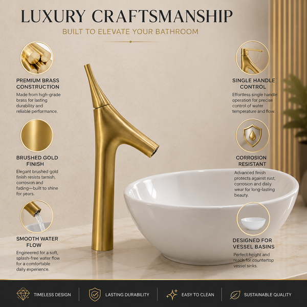 BASSINO Carlos Series Designer Basin Faucet – Single Cold Water Flow Brushed Gold Finish for Luxury Bathrooms