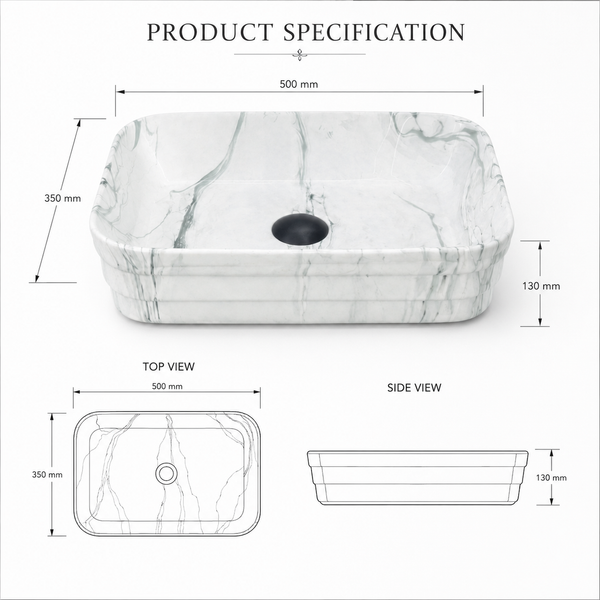 Glossy Marble Finish Rectangular Countertop Bathroom Sink Wash Basin (20" × 14" × 5" IN) White