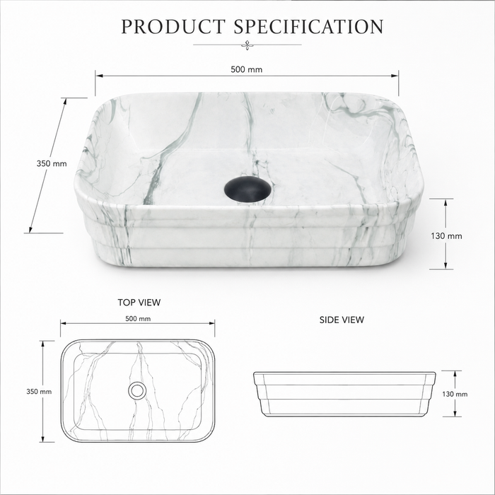 Glossy Marble Finish Rectangular Countertop Bathroom Sink Wash Basin (20" × 14" × 5" IN) White