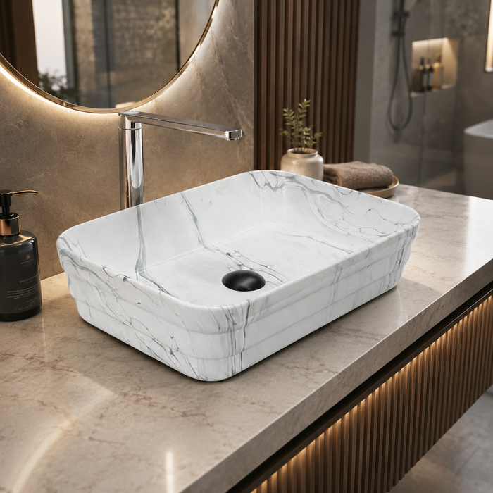 Glossy Marble Finish Rectangular Countertop Bathroom Sink Wash Basin (20" × 14" × 5" IN) White