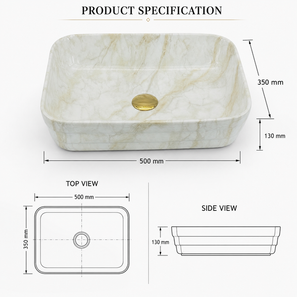 Glossy Marble Finish Rectangular Countertop Bathroom Sink Wash Basin (20" × 14" × 5" IN) Beige