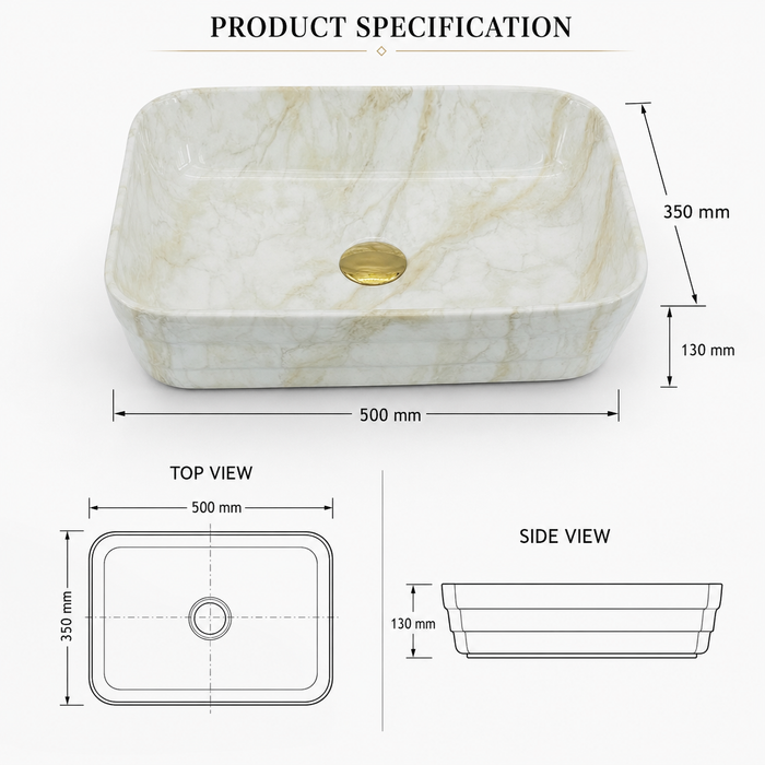 Glossy Marble Finish Rectangular Countertop Bathroom Sink Wash Basin (20" × 14" × 5" IN) Beige