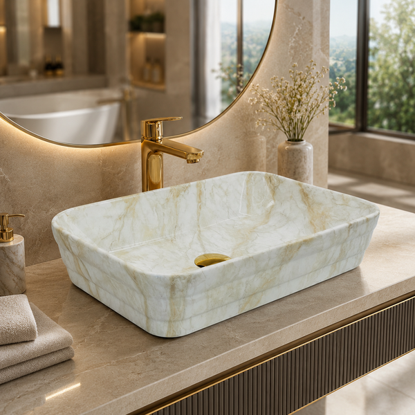 Glossy Marble Finish Rectangular Countertop Bathroom Sink Wash Basin (20" × 14" × 5" IN) Beige