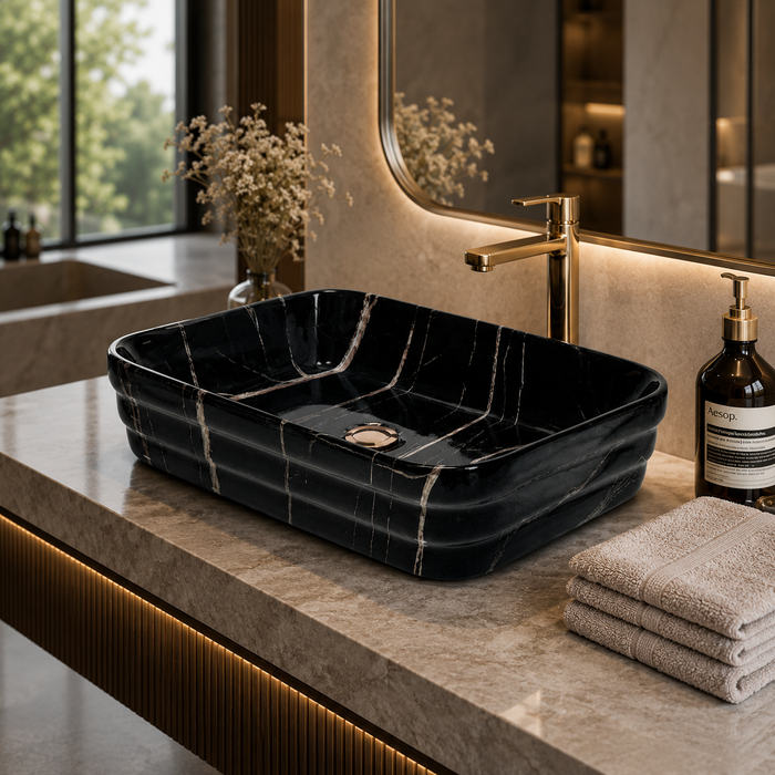 Glossy Marble Finish Rectangular Countertop Bathroom Sink Wash Basin (20" × 14" × 5" IN) Black