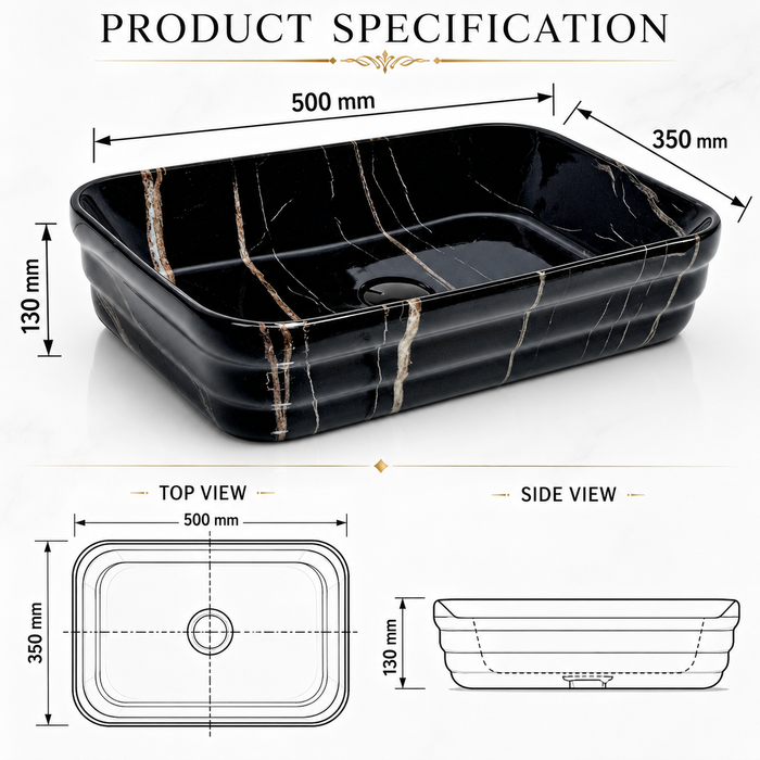 Glossy Marble Finish Rectangular Countertop Bathroom Sink Wash Basin (20" × 14" × 5" IN) Black