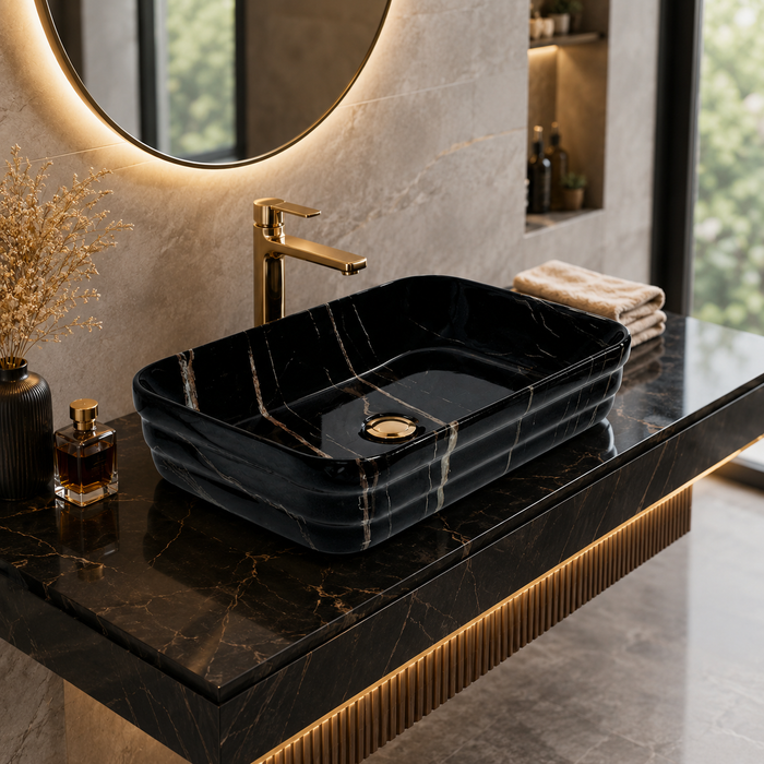 Glossy Marble Finish Rectangular Countertop Bathroom Sink Wash Basin (20" × 14" × 5" IN) Black