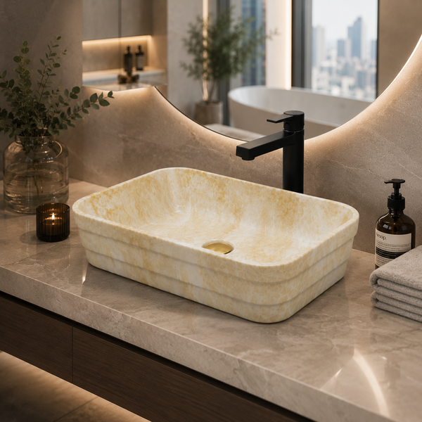 Glossy Marble Finish Rectangular Countertop Bathroom Sink Wash Basin (20" × 14" × 5" IN) Yellow