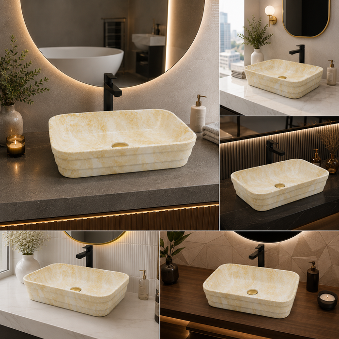 Glossy Marble Finish Rectangular Countertop Bathroom Sink Wash Basin (20" × 14" × 5" IN) Yellow