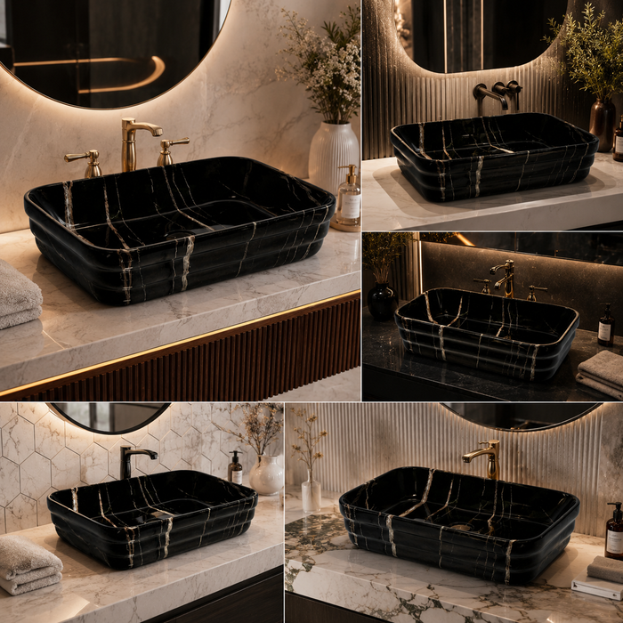 Glossy Marble Finish Rectangular Countertop Bathroom Sink Wash Basin (20" × 14" × 5" IN) Black