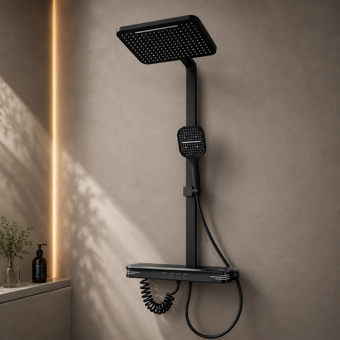 Matte Black Rain Shower System with Hand Shower & Thermostatic Mixer | Luxury Bathroom Shower Set