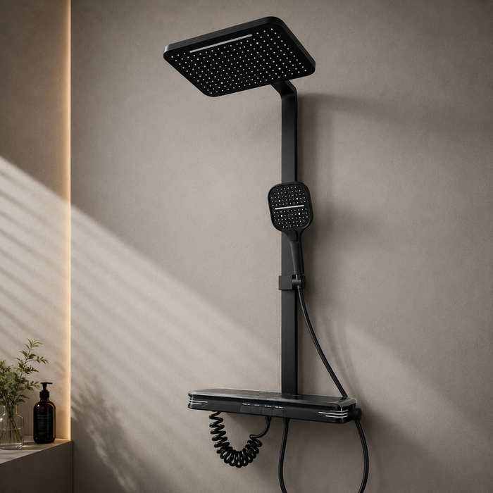 Matte Black Rain Shower System with Hand Shower & Thermostatic Mixer | Luxury Bathroom Shower Set