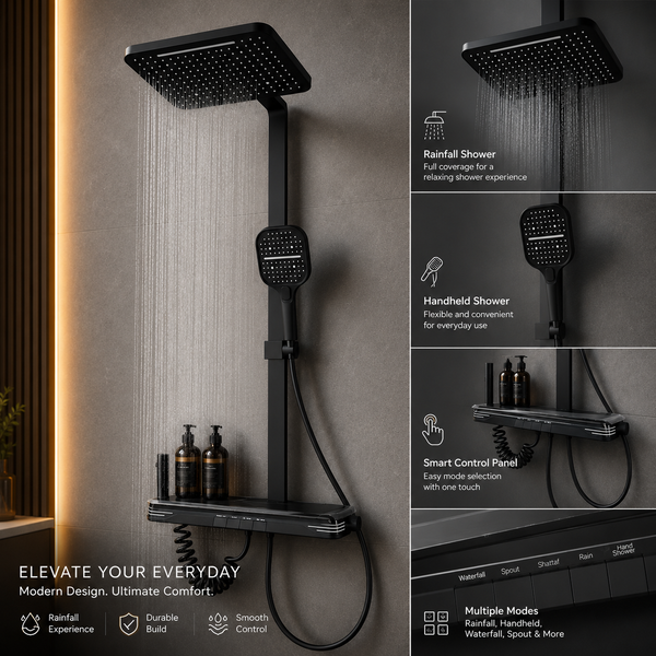 Matte Black Rain Shower System with Hand Shower & Thermostatic Mixer | Luxury Bathroom Shower Set