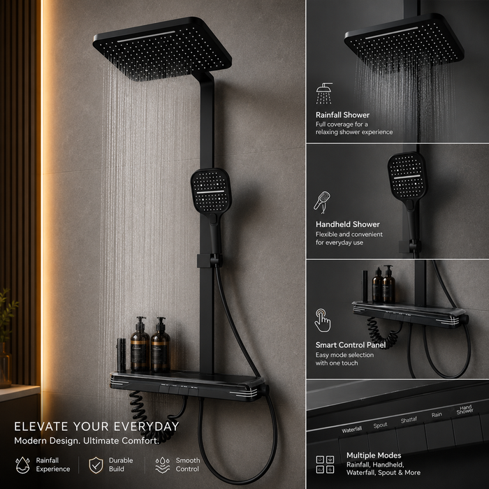 Matte Black Rain Shower System with Hand Shower & Thermostatic Mixer | Luxury Bathroom Shower Set