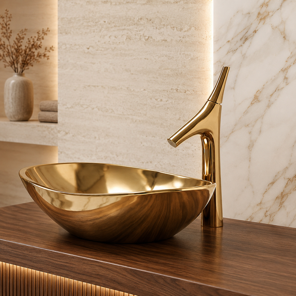 BASSINO Carlos Series Designer Basin Faucet – Single Cold Water Flow Gold Finish for Luxury Bathrooms