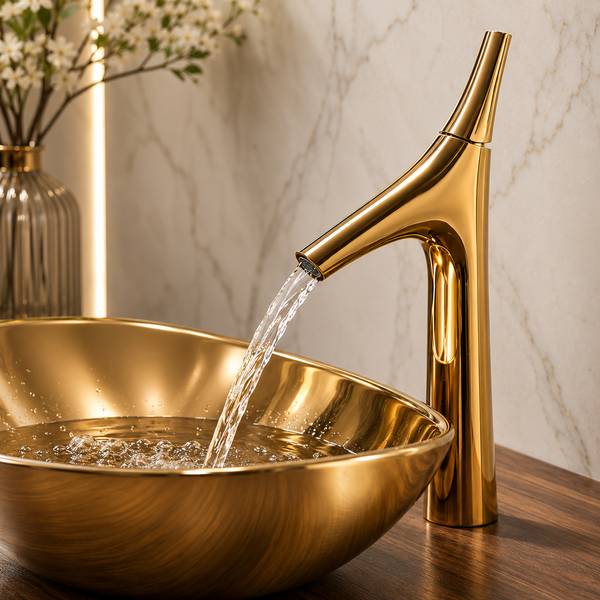BASSINO Carlos Series Designer Basin Faucet – Single Cold Water Flow Gold Finish for Luxury Bathrooms