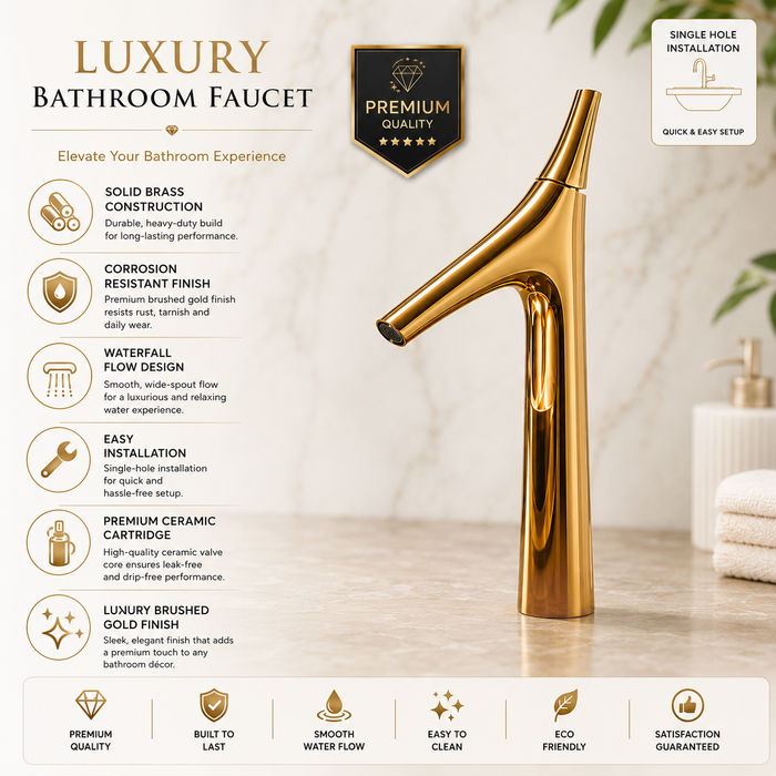 BASSINO Carlos Series Designer Basin Faucet – Single Cold Water Flow Gold Finish for Luxury Bathrooms