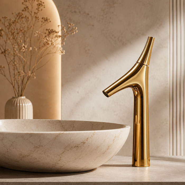 BASSINO Carlos Series Designer Basin Faucet – Single Cold Water Flow Gold Finish for Luxury Bathrooms
