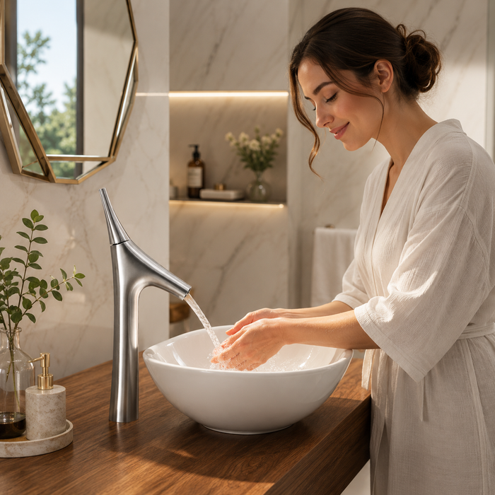 BASSINO Carlos Series Designer Basin Faucet – Single Cold Water Flow Chrome Finish for Luxury Bathrooms