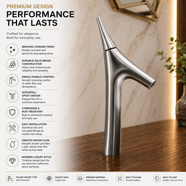 BASSINO Carlos Series Designer Basin Faucet – Single Cold Water Flow Chrome Finish for Luxury Bathrooms