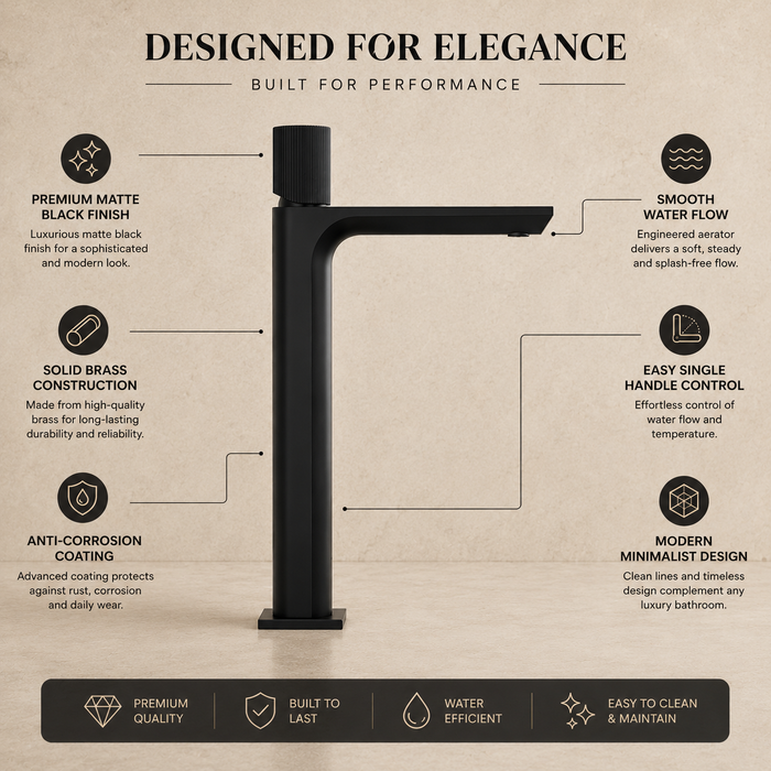 BASSINO Duke Series – Tall Heavy Basin Mixer Full Brass Faucet Black Matt