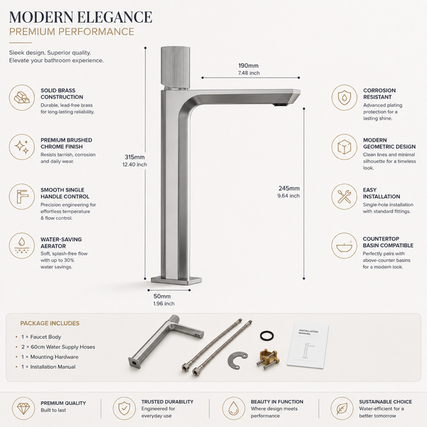 BASSINO Duke Series – Tall Heavy Basin Mixer Full Brass Faucet Chrome