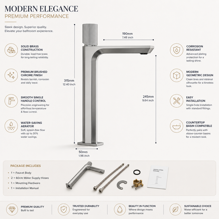 BASSINO Duke Series – Tall Heavy Basin Mixer Full Brass Faucet Chrome