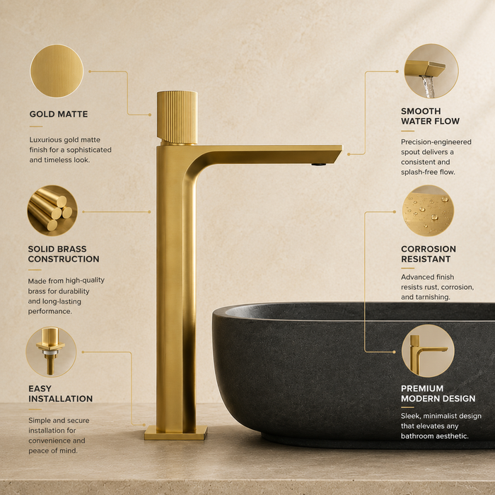 BASSINO Duke Series – Tall Heavy Basin Mixer Full Brass Faucet Gold Matt