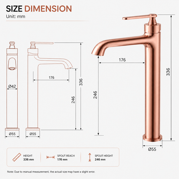 BASSINO Luxury Tall Basin Mixer Tap Modern Faucet | 5 Years Warranty Brushed Rose Gold