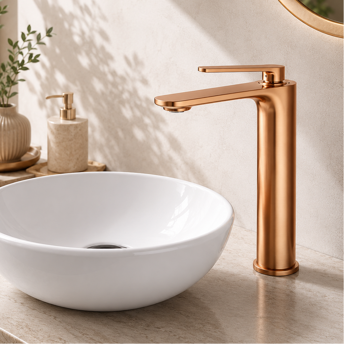 Premium Brass Tall Basin Mixer Faucet, Brushed Rose Gold Finish (Hot & Cold) NCGF-512 – 5 Years Warranty