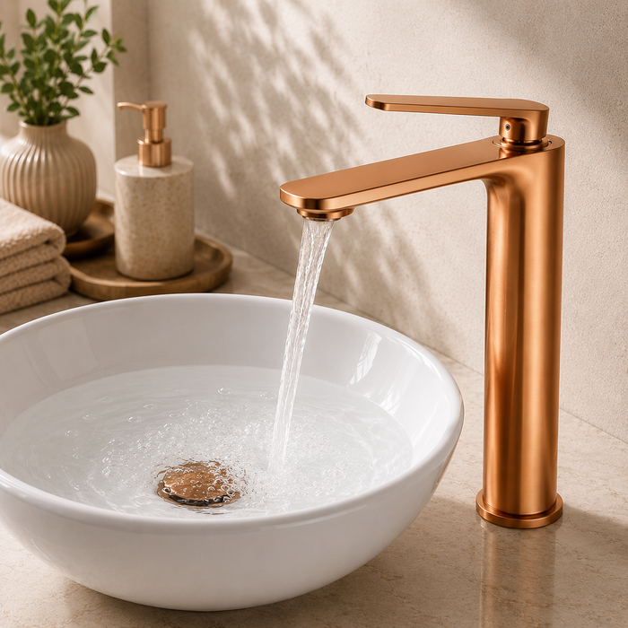 Premium Brass Tall Basin Mixer Faucet, Brushed Rose Gold Finish (Hot & Cold) NCGF-512 – 5 Years Warranty