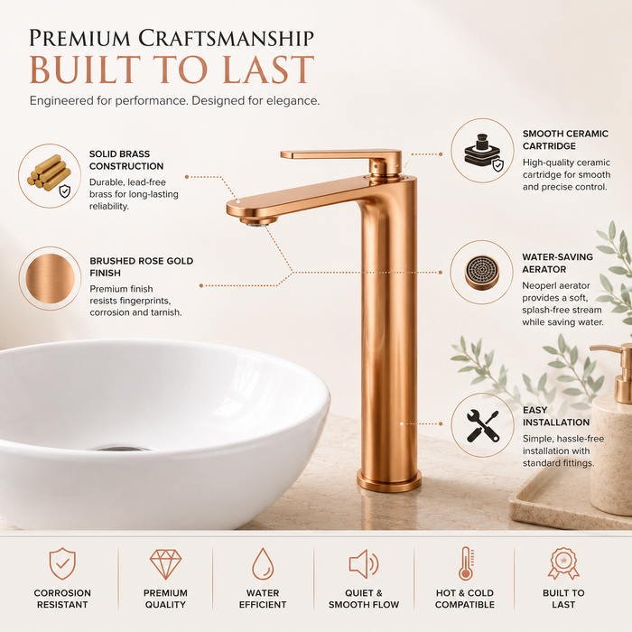 Premium Brass Tall Basin Mixer Faucet, Brushed Rose Gold Finish (Hot & Cold) NCGF-512 – 5 Years Warranty