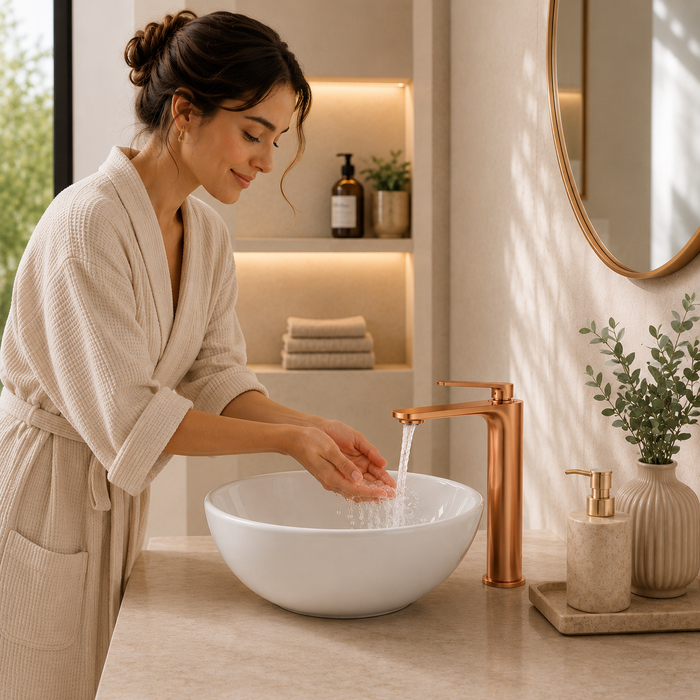 Premium Brass Tall Basin Mixer Faucet, Brushed Rose Gold Finish (Hot & Cold) NCGF-512 – 5 Years Warranty