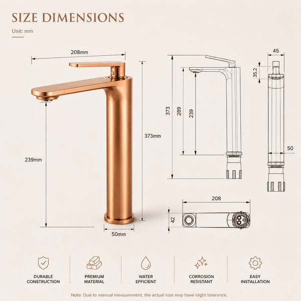 Premium Brass Tall Basin Mixer Faucet, Brushed Rose Gold Finish (Hot & Cold) NCGF-512 – 5 Years Warranty
