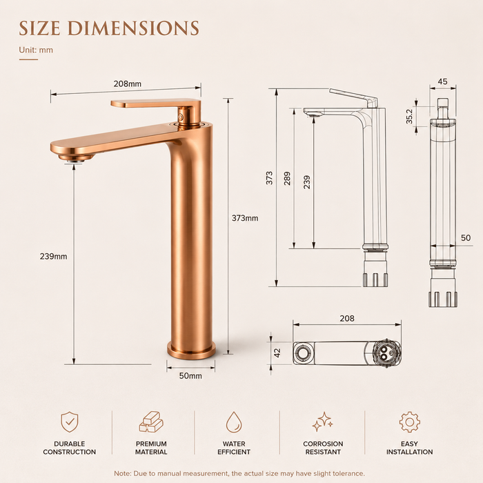 Premium Brass Tall Basin Mixer Faucet, Brushed Rose Gold Finish (Hot & Cold) NCGF-512 – 5 Years Warranty