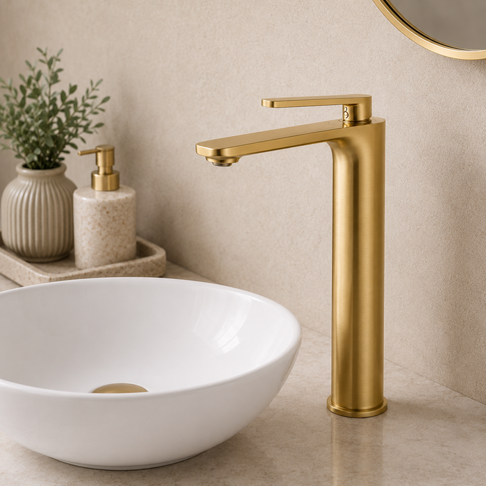 Premium Brass Tall Basin Mixer Faucet, Brushed Gold Finish (Hot & Cold) NCGF-511 – 5 Years Warranty