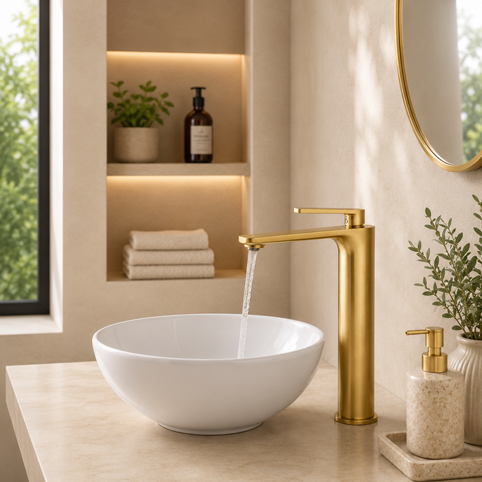 Premium Brass Tall Basin Mixer Faucet, Brushed Gold Finish (Hot & Cold) NCGF-511 – 5 Years Warranty