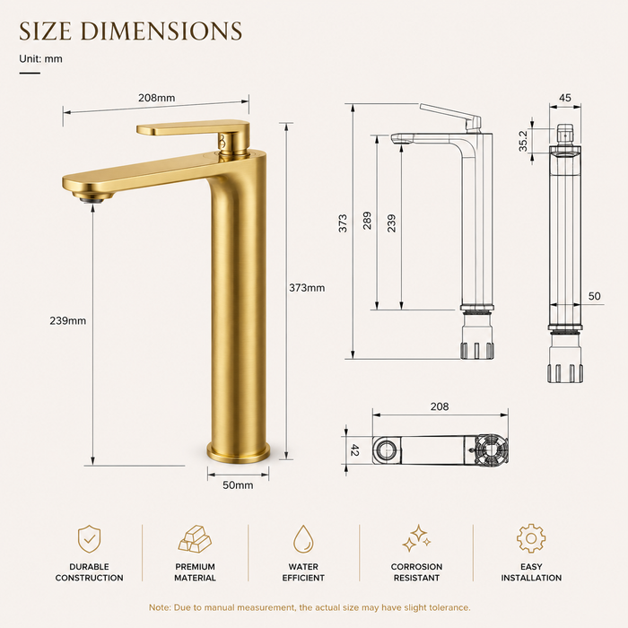 Premium Brass Tall Basin Mixer Faucet, Brushed Gold Finish (Hot & Cold) NCGF-511 – 5 Years Warranty
