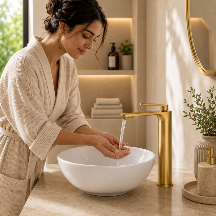 Premium Brass Tall Basin Mixer Faucet, Brushed Gold Finish (Hot & Cold) NCGF-511 – 5 Years Warranty