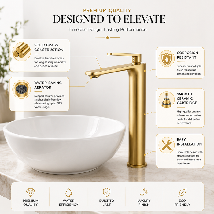 Premium Brass Tall Basin Mixer Faucet, Brushed Gold Finish (Hot & Cold) NCGF-511 – 5 Years Warranty